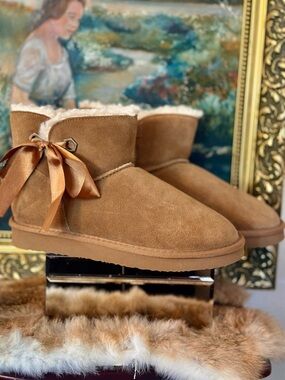 PAWZ Chestnut Brown Faux-Suede Shearling Lined Slippers with Satin Bow